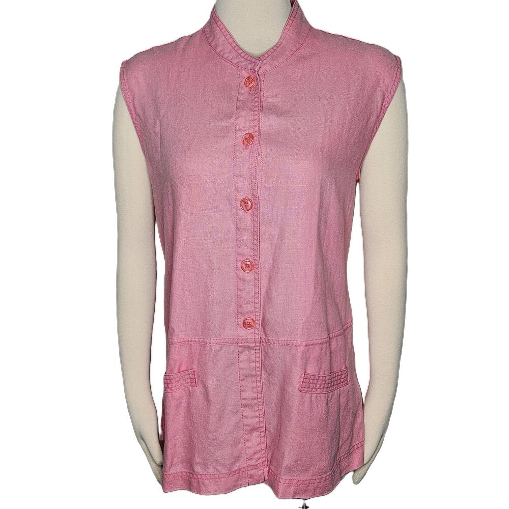 Debra DeRoo Pink Linen Sleeveless Button Front Tunic‎ Top Mandarin Collar M